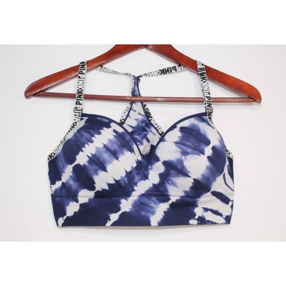 PINK Victoria's Secret Sports Bra L Blue White Geometric Print Padded Push Up